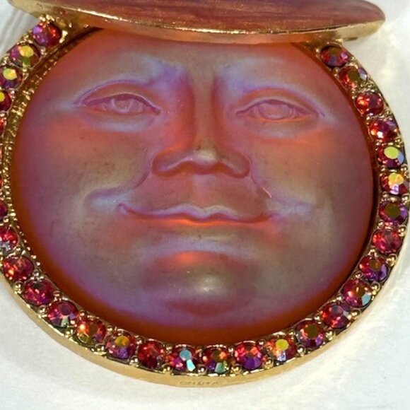 Kirk's Folly orange-ish iridescent moon face brooch/pin/pendant with hat. - Picture 2 of 9